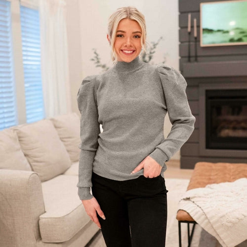Pull à manches bouffantes et col montant pour femme