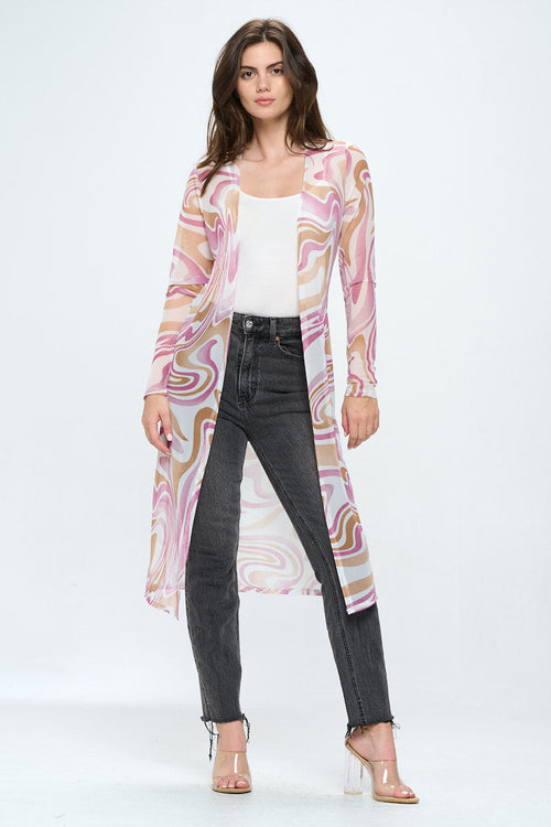 Cardigan long transparent pour femme avec imprimé tourbillon rétro