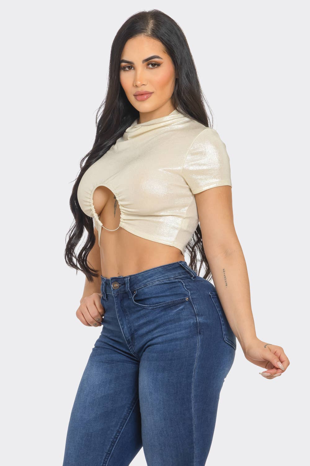 Slinky Foil Front O-Ring Cut Out Shirring Top