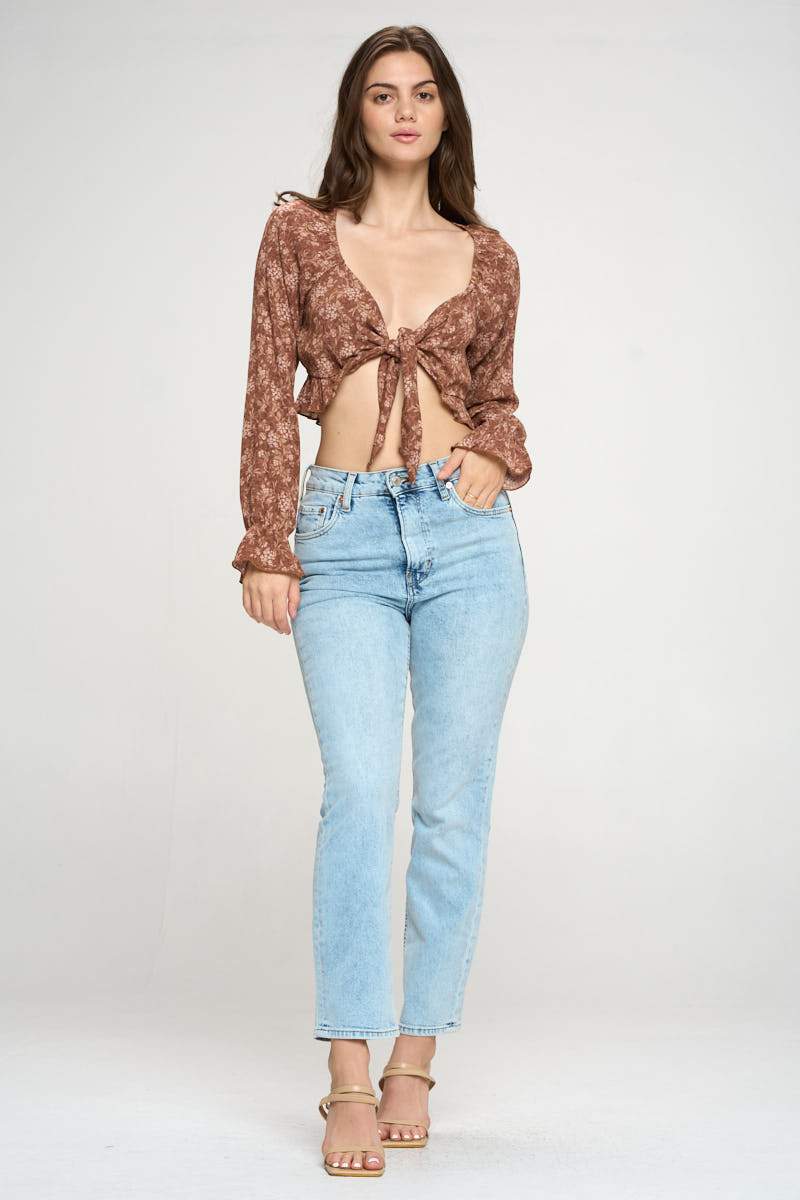 Tie Front Long Sleeve Crop Cardigan Ditsy Floral