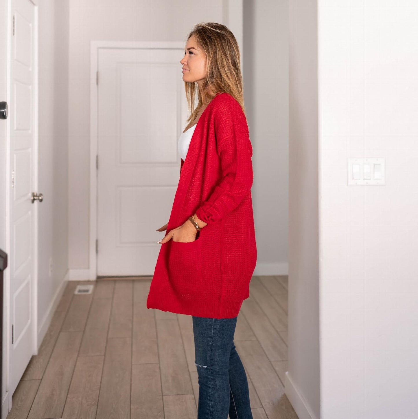 Pull cardigan ouvert à manches longues et poches en tricot gaufré