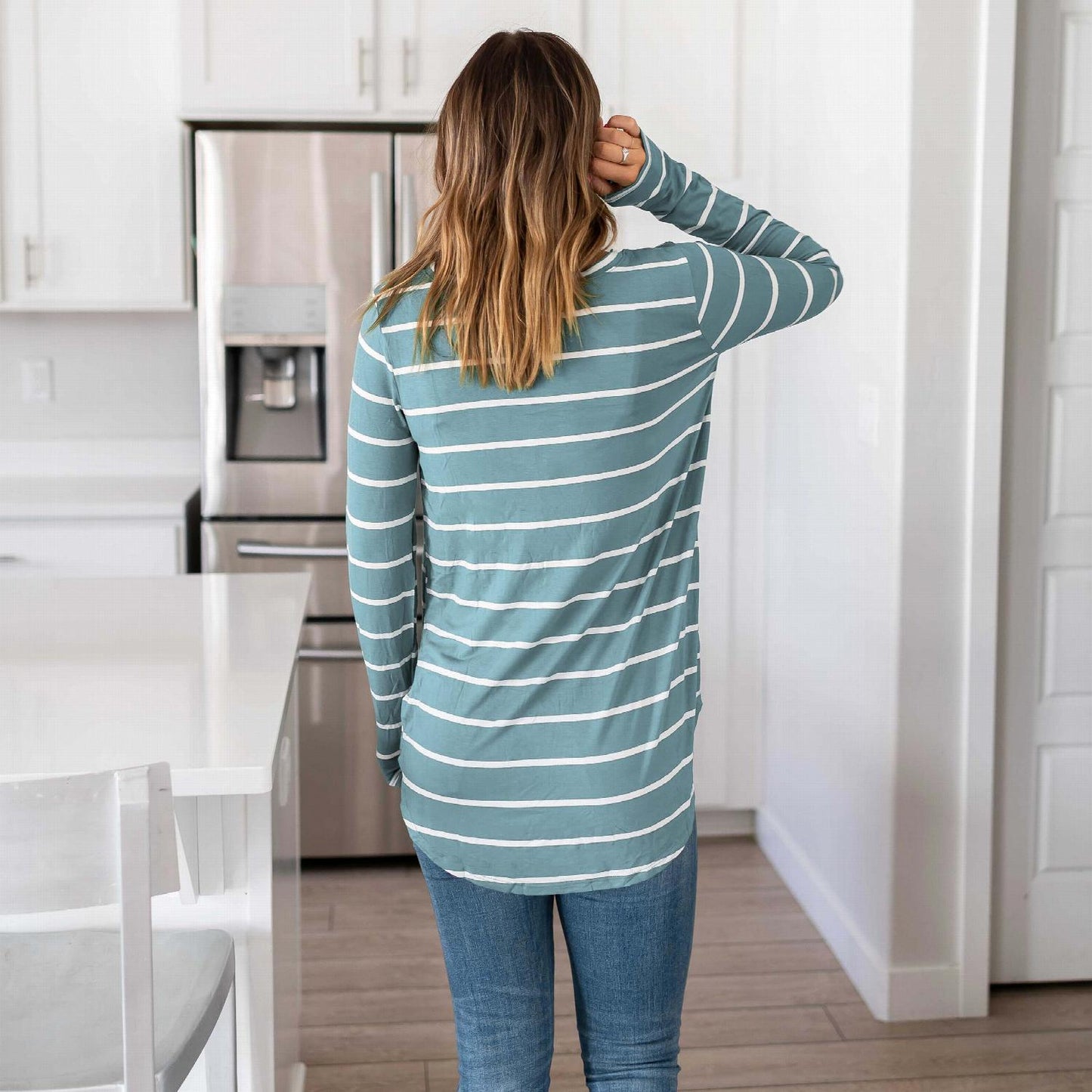 Striped V-neck Dolphin Hem Top