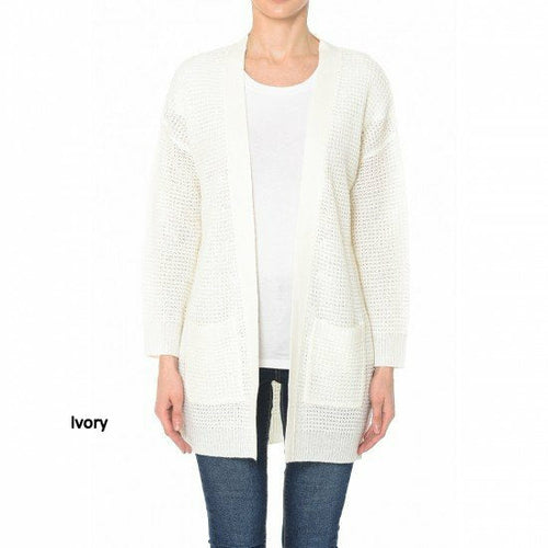 Pull cardigan ouvert à manches longues et poches en tricot gaufré