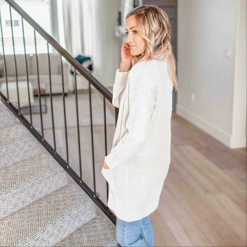 Pull cardigan ouvert à manches longues et poches en tricot gaufré