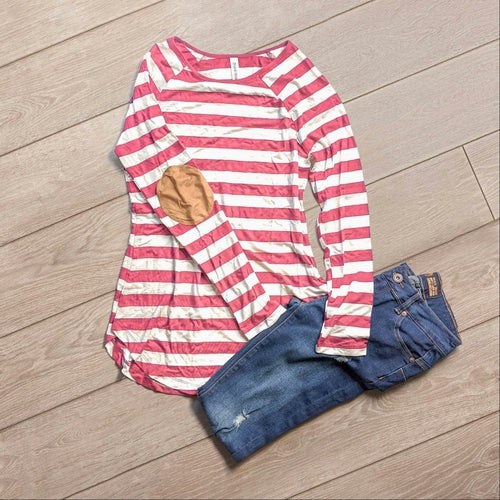 Striped Long Sleeve Boat Neck Top Elbow Patch