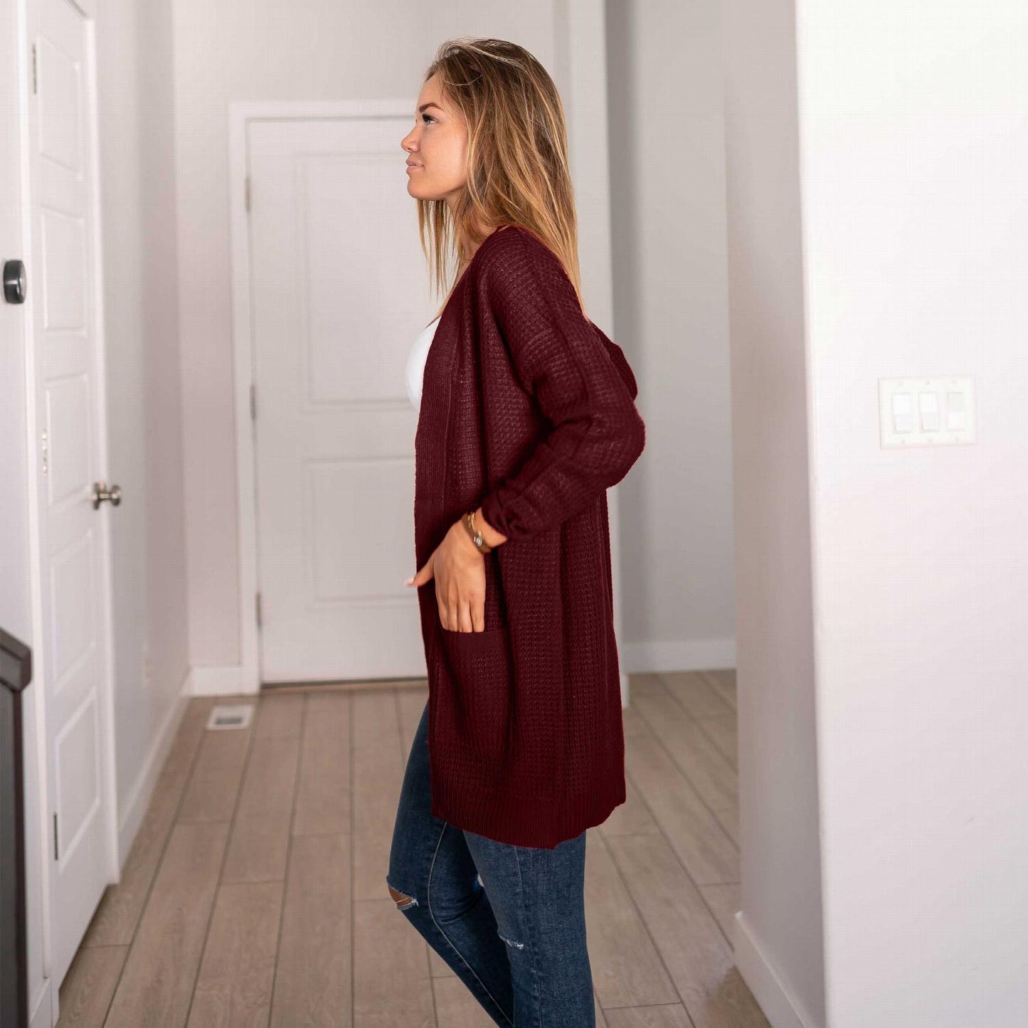 Pull cardigan ouvert à manches longues et poches en tricot gaufré