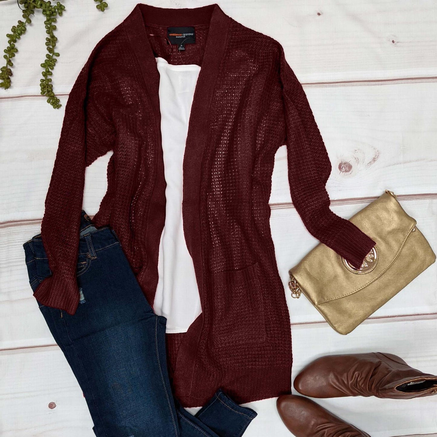 Pull cardigan ouvert à manches longues et poches en tricot gaufré