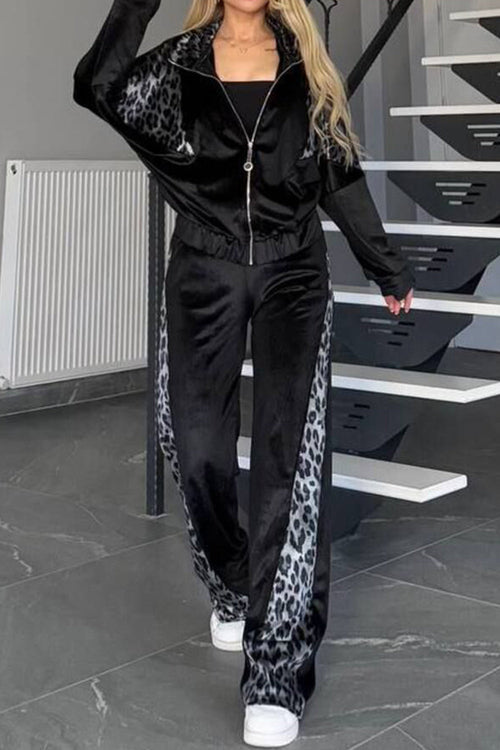 Conjunto de top y pantalón con cuello de leopardo, cremallera y talla grande