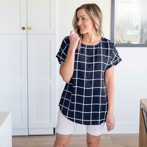 Woven Wool Peach Windowpane Rolled Sleeve Top