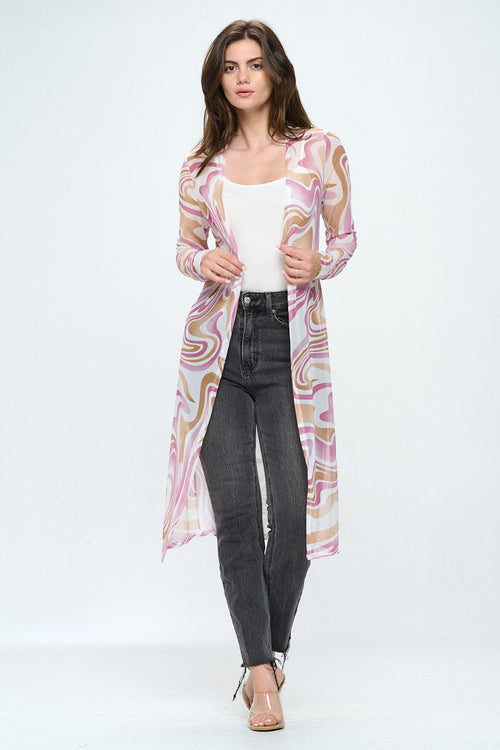 Cardigan long transparent pour femme avec imprimé tourbillon rétro