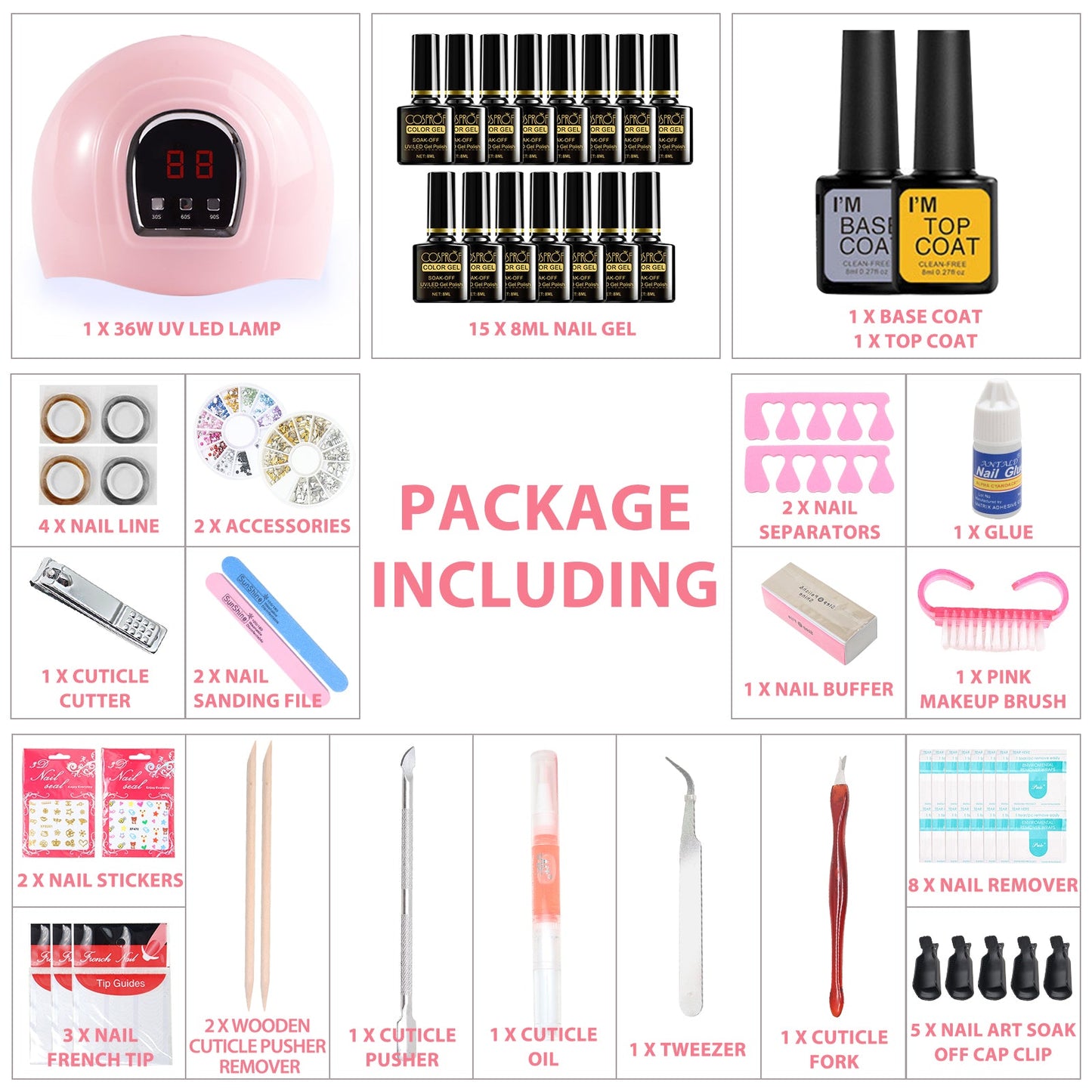 Kit de démarrage pour vernis à ongles gel avec lampe à ongles 36 W et 18 LED, 15 couleurs