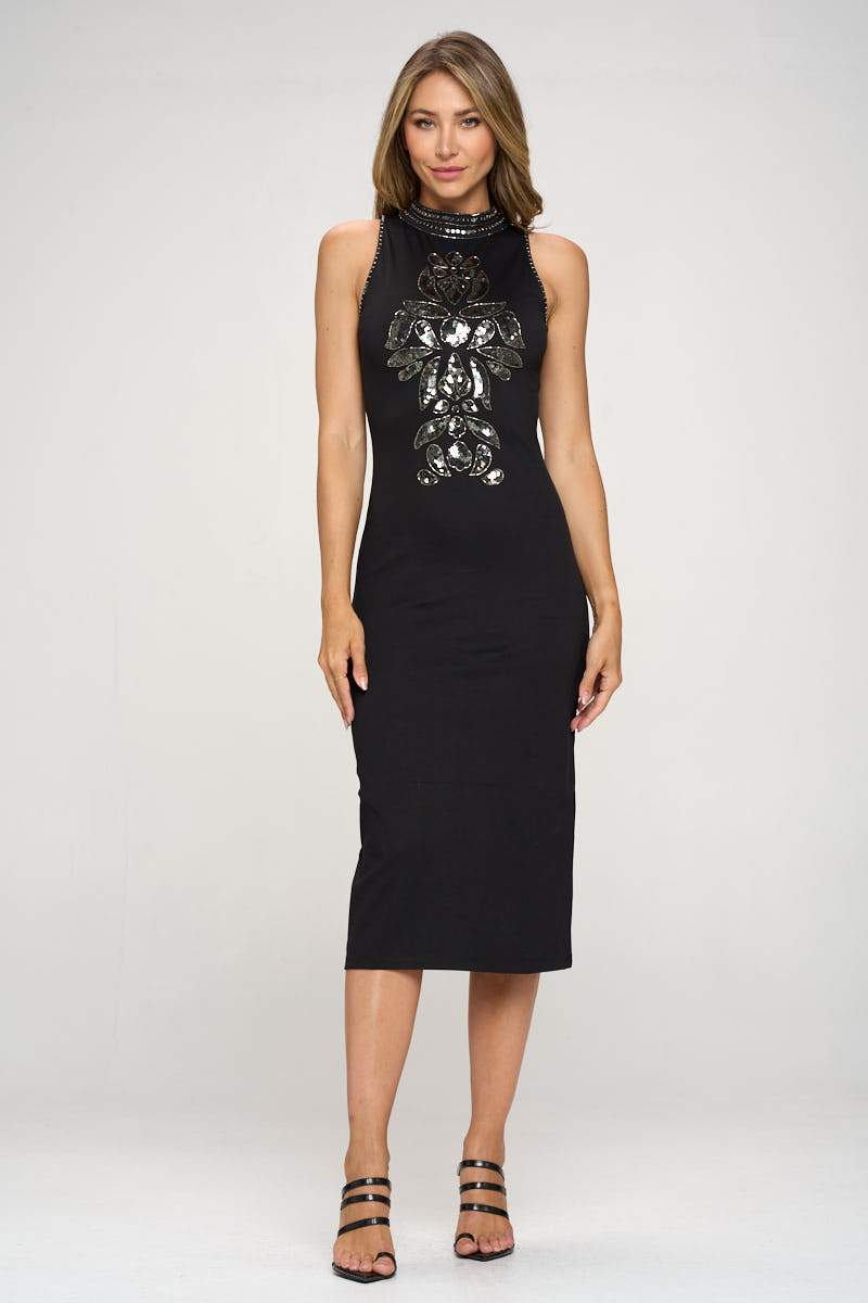 Robe moulante sans manches pour femme avec détails ornés sur le devant