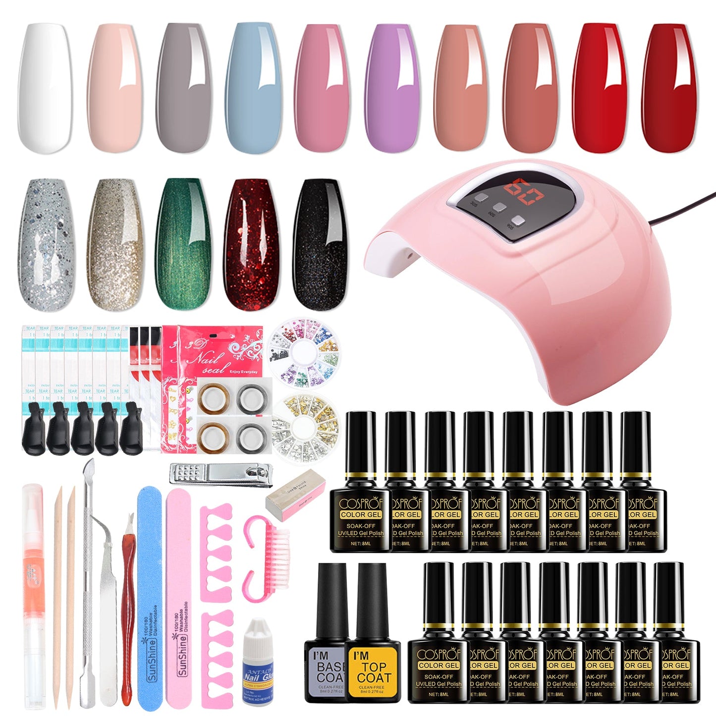 Kit de démarrage pour vernis à ongles gel avec lampe à ongles 36 W et 18 LED, 15 couleurs
