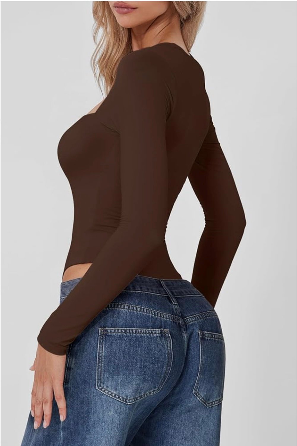 Body sexy à col carré et manches longues pour femme, haut doublé