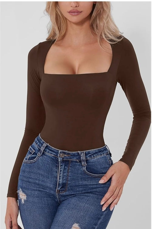 Body sexy à col carré et manches longues pour femme, haut doublé