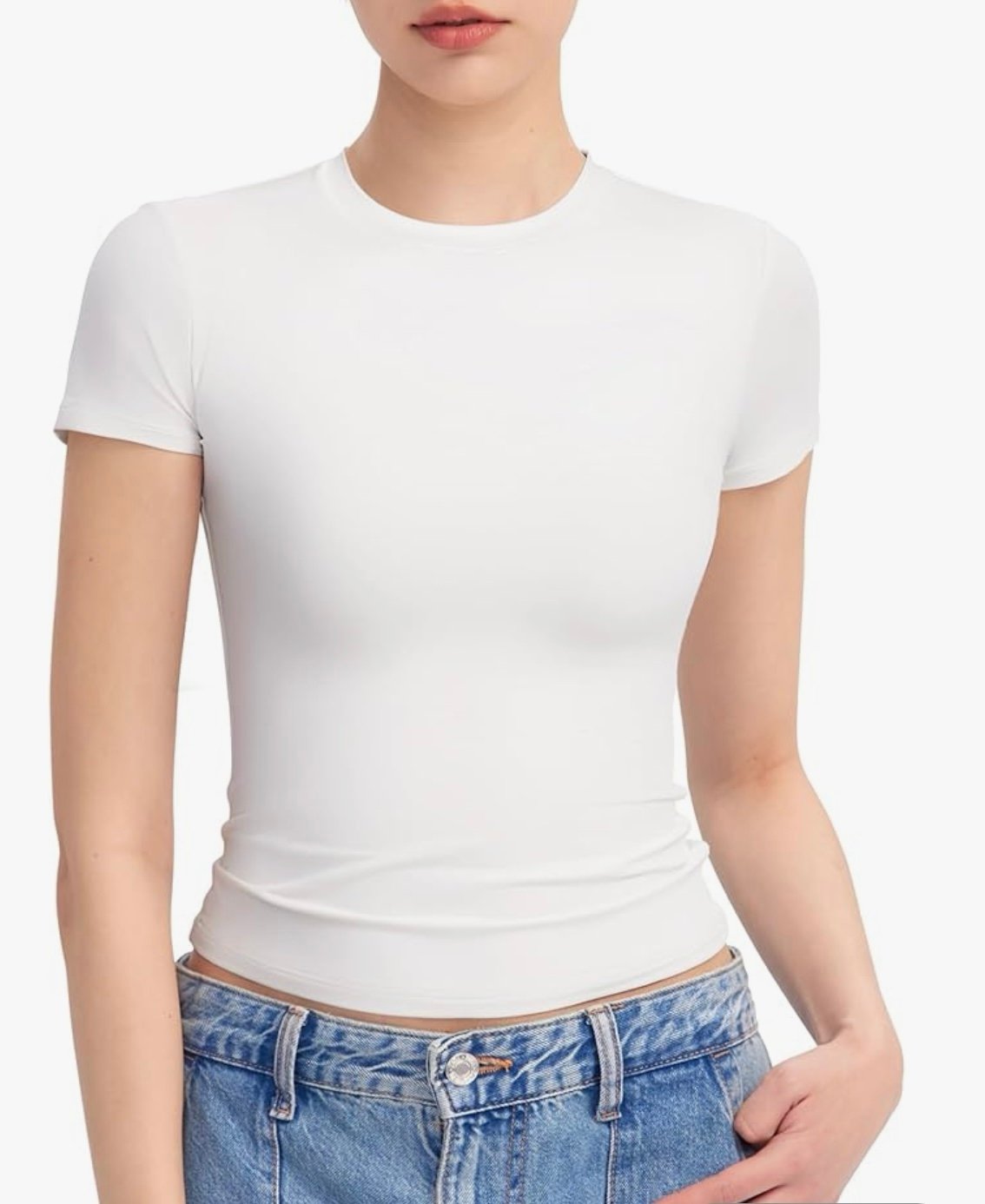 T-shirts à manches courtes et col ras du cou pour femmes, doublés, coupe slim