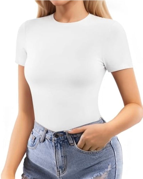 Body à manches courtes et col ras du cou pour femme, t-shirt doublé, haut Secon