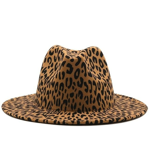 Chapeau femme à large bord en feutre de laine imprimé léopard et fond rouge