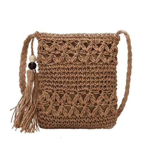 Petit sac bandoulière d'été en paille avec pompon