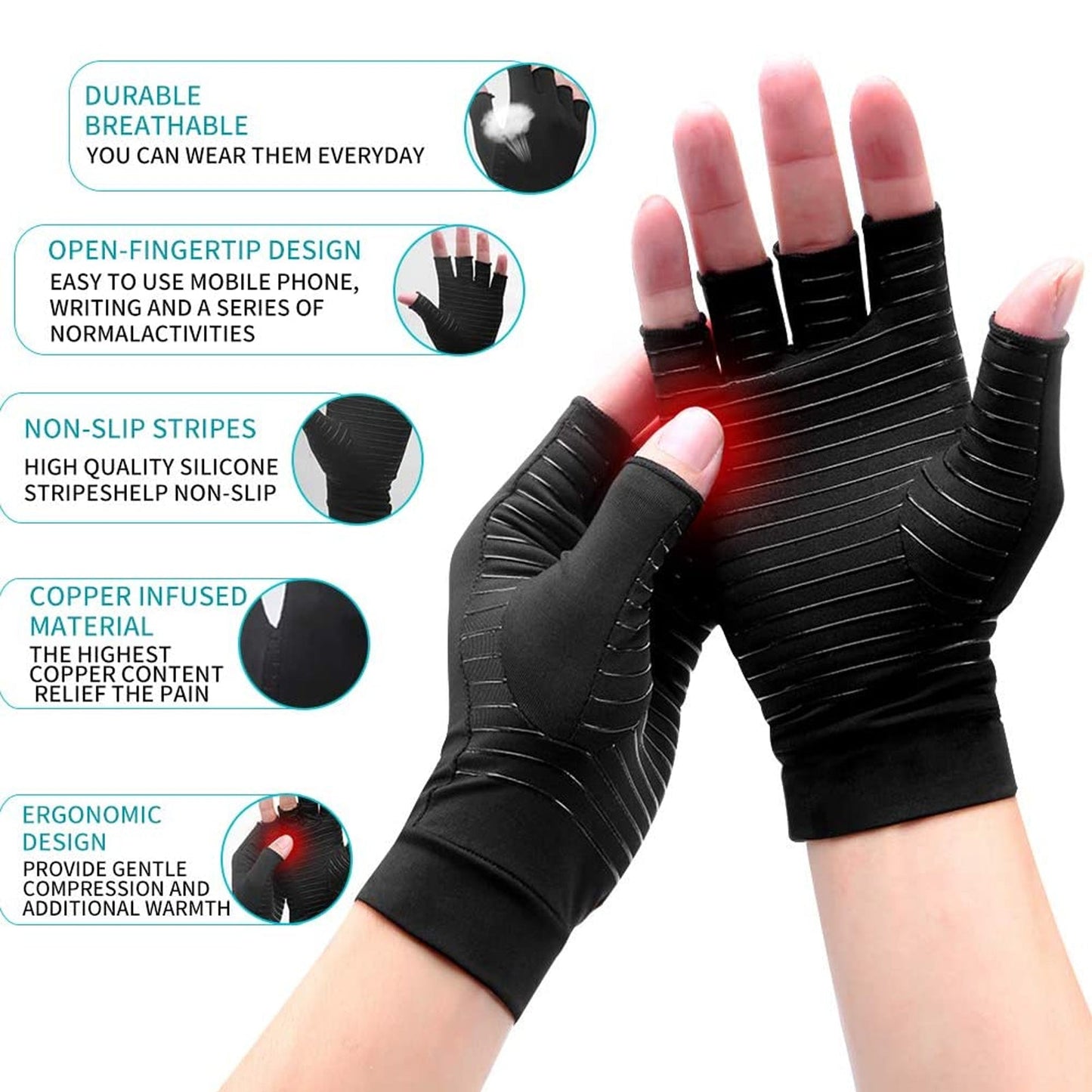 Gants de compression antidérapants en fibre de cuivre pour hommes et femmes, pour l'arthrite