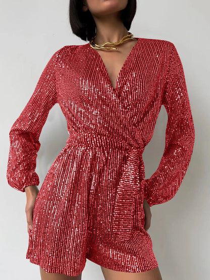 Combinaison à manches longues et surplis à sequins, taille nouée