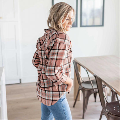 Double Flap Pocket Button-up Plaid Shirt With Roll-up Long Sleeves