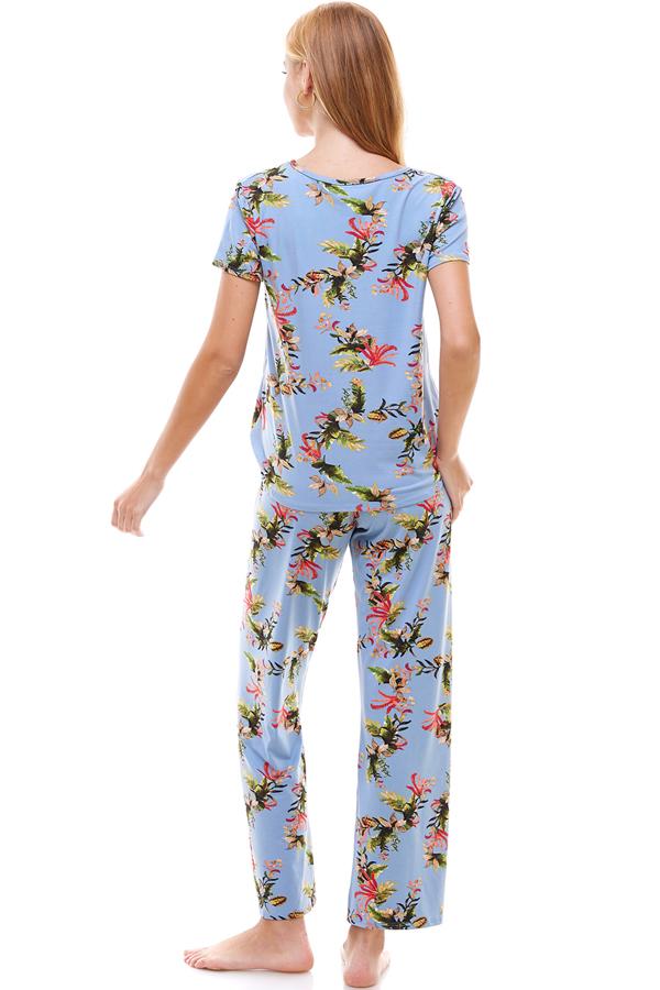 Ensemble de vêtements d'intérieur pour femme à manches courtes et pantalon à fleurs
