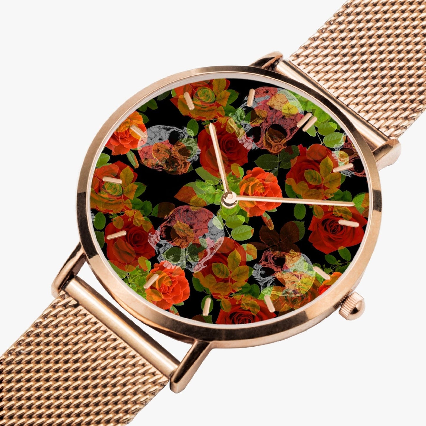 Reloj de cuarzo ultrafino de acero inoxidable con calaveras florales de Jacki Easlick