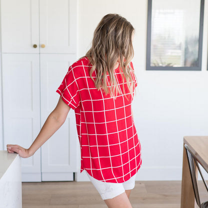 Woven Wool Peach Windowpane Rolled Sleeve Top