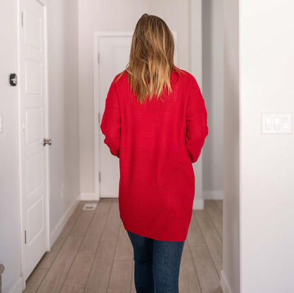 Pull cardigan ouvert à manches longues et poches en tricot gaufré