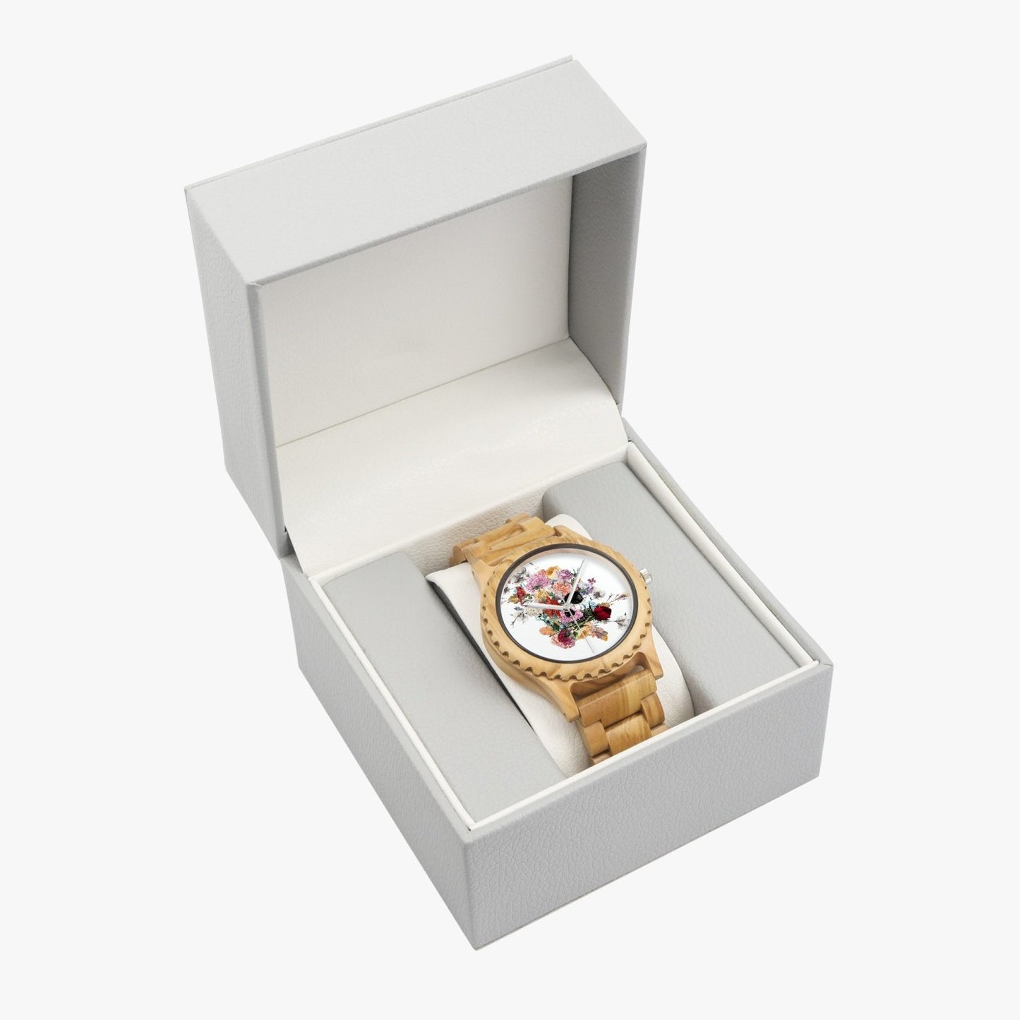 Reloj de madera de olivo italiano con calavera floral de Jacki Easlick