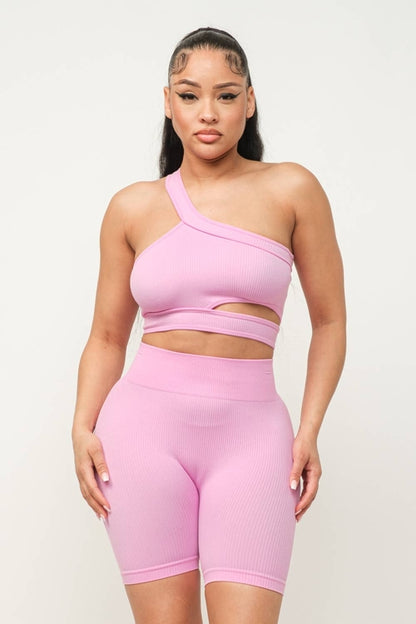 Cut Out One Shoulder Strap Top And Shorts Set