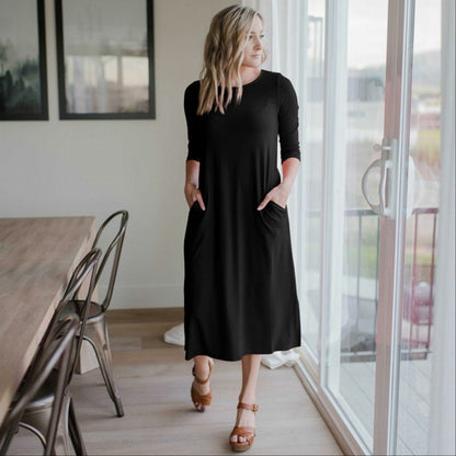 Vestido cuadrado de largo medio con bolsillos laterales