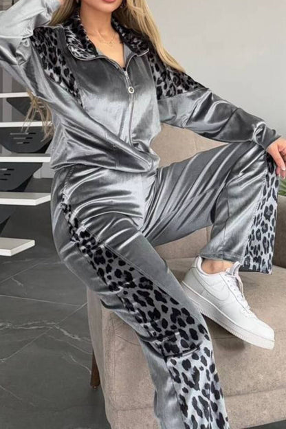 Ensemble haut et pantalon zippé léopard à col montant, grande taille