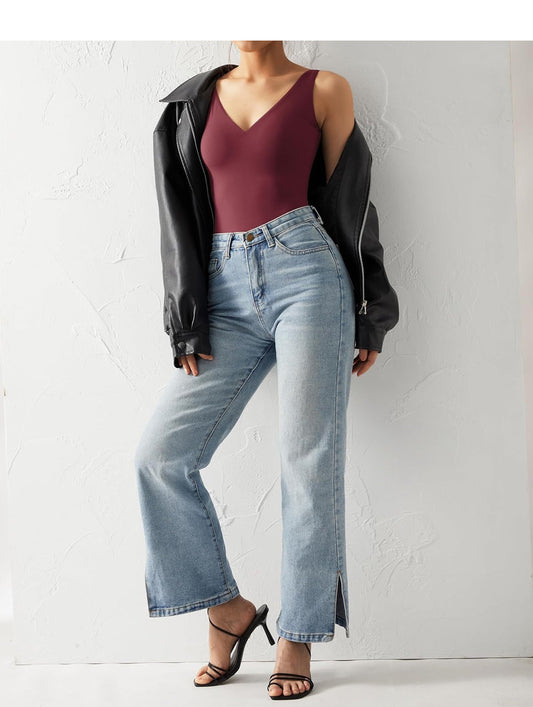 Body string sans manches à col en V pour femme – Coupe débardeur extensible
