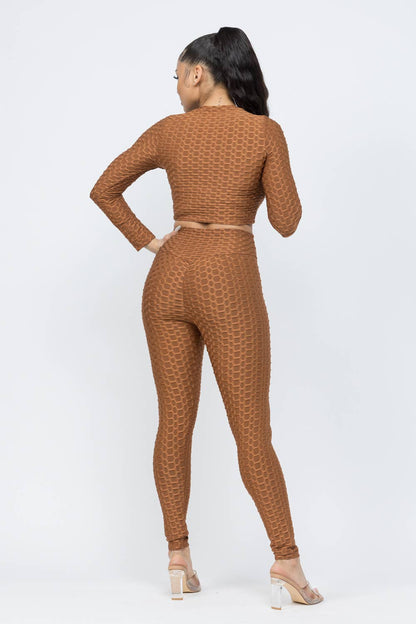 Conjunto de top y leggings con lazo fruncido en nido de abeja