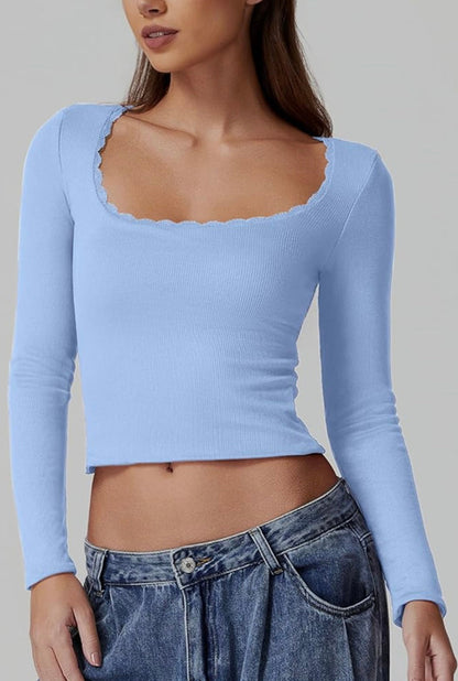 Chemise sexy à manches longues et col rond pour femme, coupe slim en dentelle côtelée