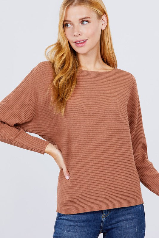 Long Dolman Sleeve Boat Neck Rib Sweater Top Fabric