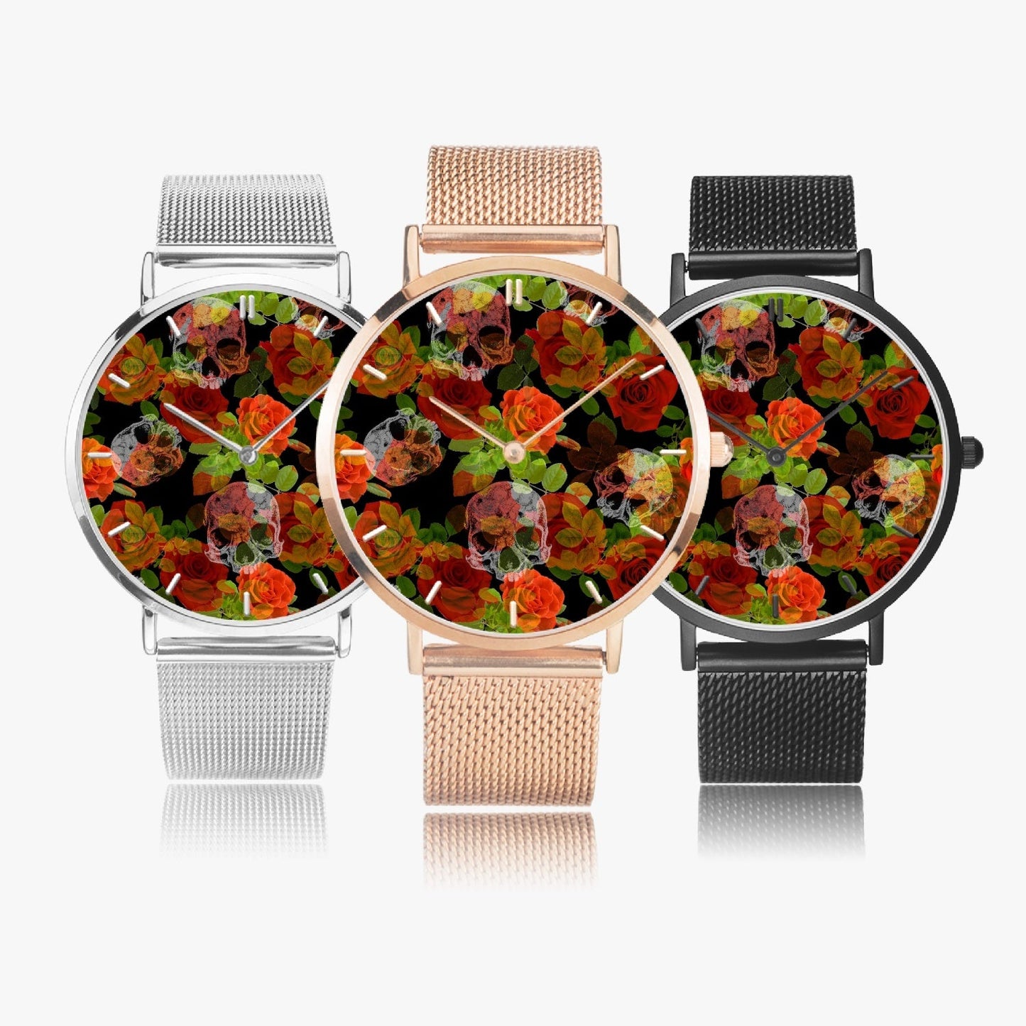 Reloj de cuarzo ultrafino de acero inoxidable con calaveras florales de Jacki Easlick