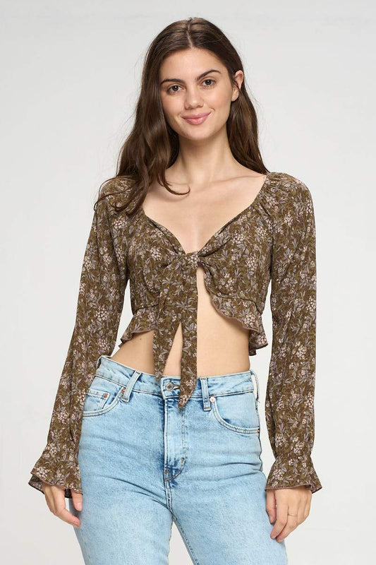Tie Front Long Sleeve Crop Cardigan Ditsy Floral