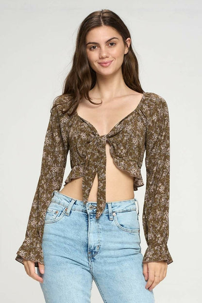 Tie Front Long Sleeve Crop Cardigan Ditsy Floral