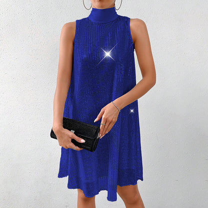 Robe de soirée pailletée sans manches à col montant pour femme