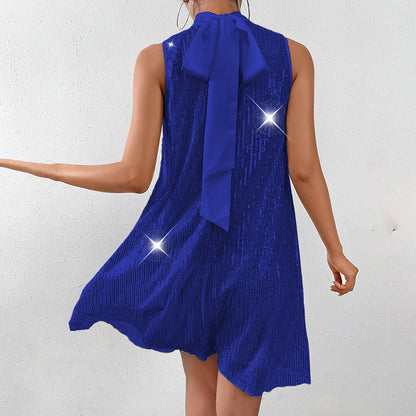Robe de soirée pailletée sans manches à col montant pour femme