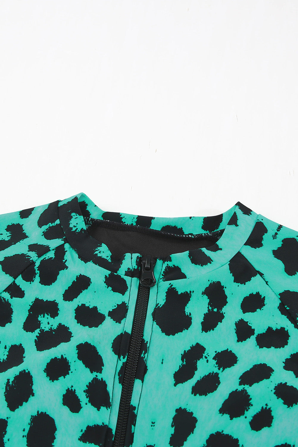 Traje de baño Rash Guard con cremallera y estampado de leopardo verde 