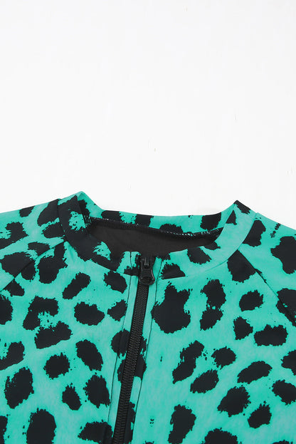 Traje de baño Rash Guard con cremallera y estampado de leopardo verde 
