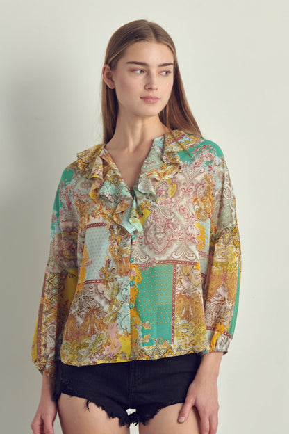 Blusa de patchwork con cuello en V y volantes