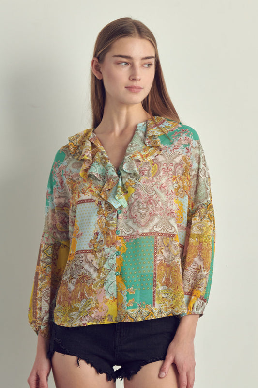 Blusa de patchwork con cuello en V y volantes