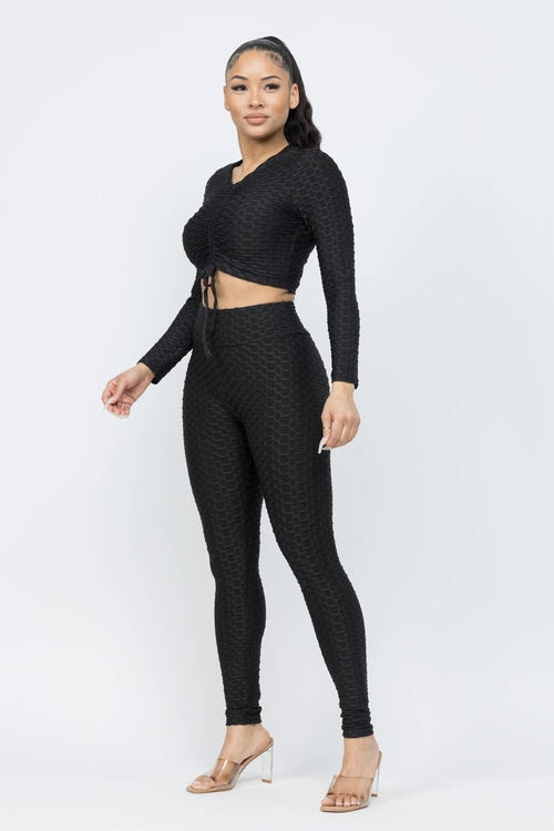 Conjunto de top y leggings con lazo fruncido en nido de abeja