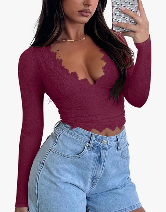 Chemises sexy à manches longues et col en V pour femmes, doublées, ajustées et tendance