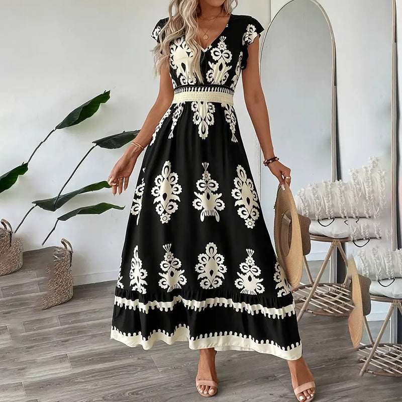 Robe longue d'été fluide pour femme, décontractée, manches courtes, col en V, taille smockée, robe de plage 